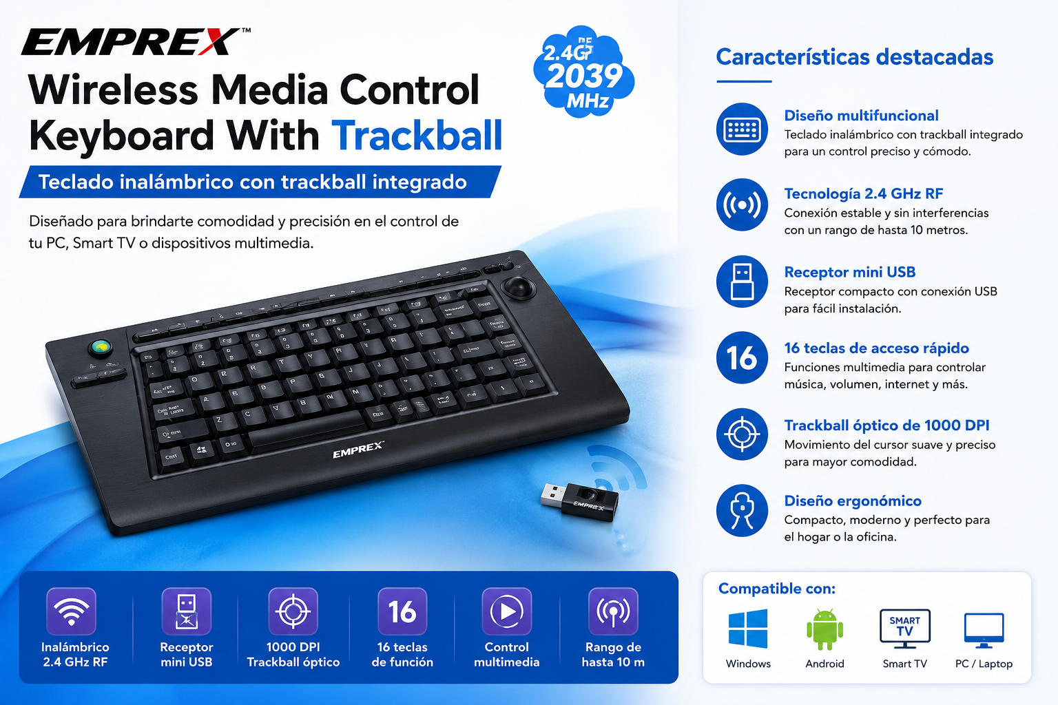 Teclado inalámbrico multifuncional con trackball integrado